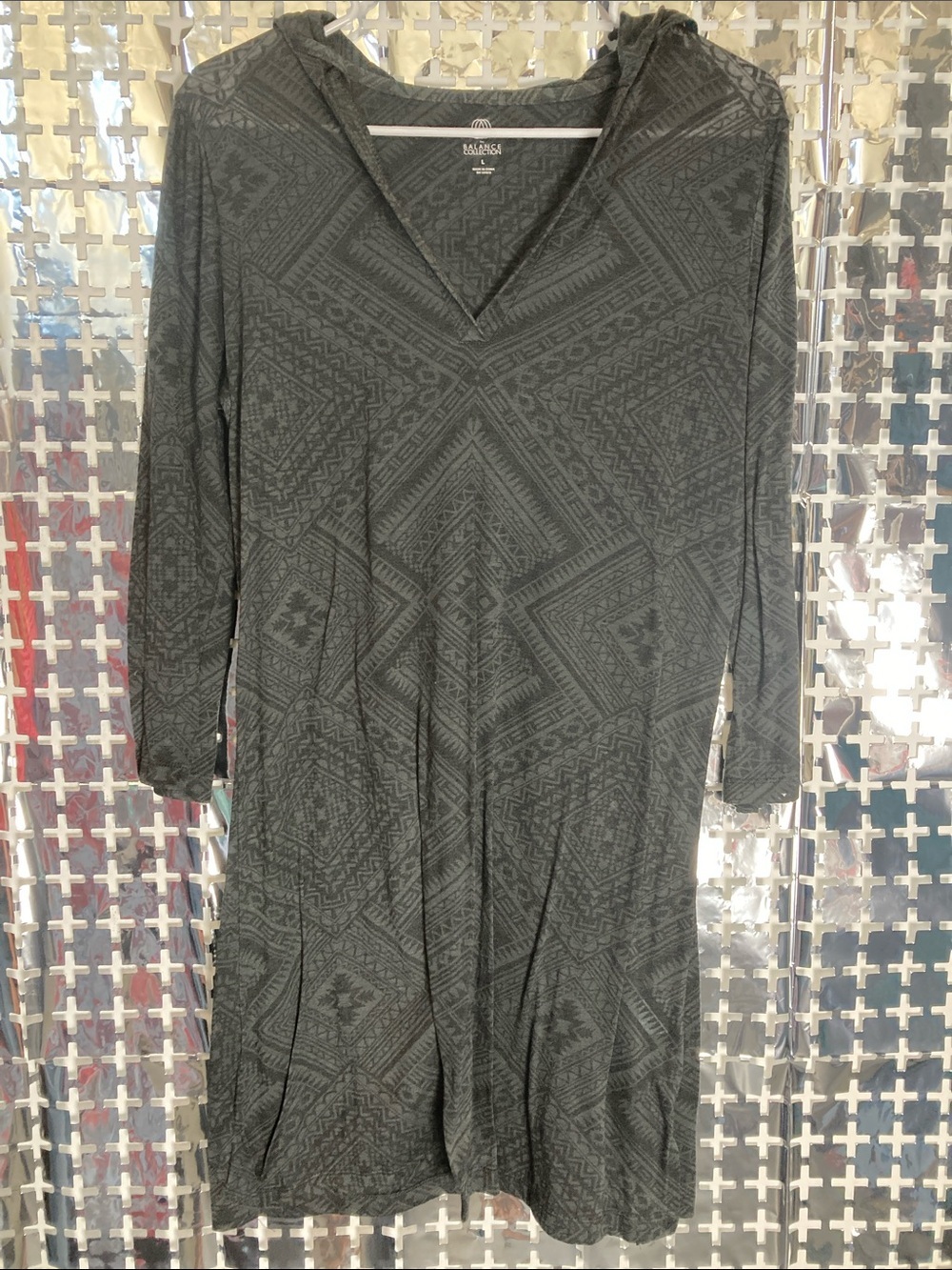 Balance Collection Long Sleeve Hooded V-Neck Dress in Charcoal Gray